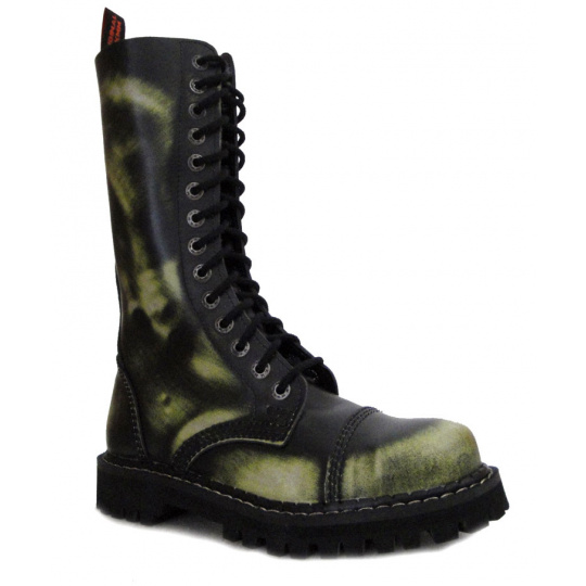 boty kožené KMM 14 dírkové černé/zelená/bílá